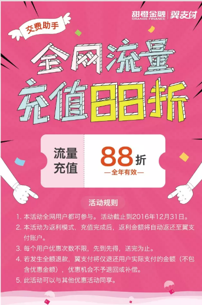 翼支付App购买三网流量包88折立返现金优惠次数不限 优惠卡券 优惠福利  第1张