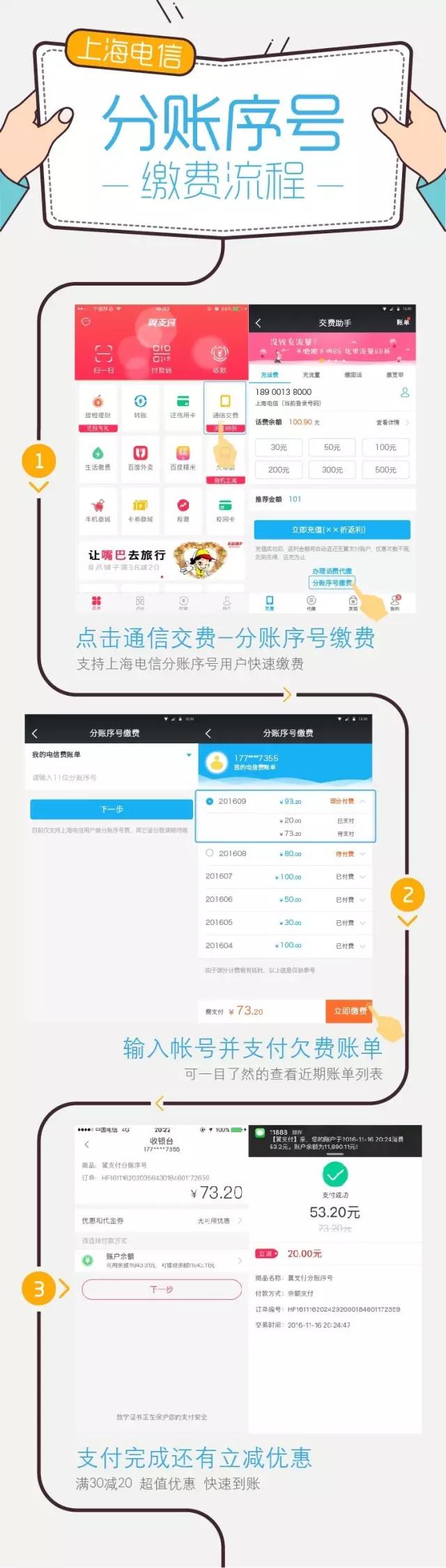 电信翼支付上海用户交电信帐单满30元立减20元立减上限20元 优惠卡券 优惠福利  第1张