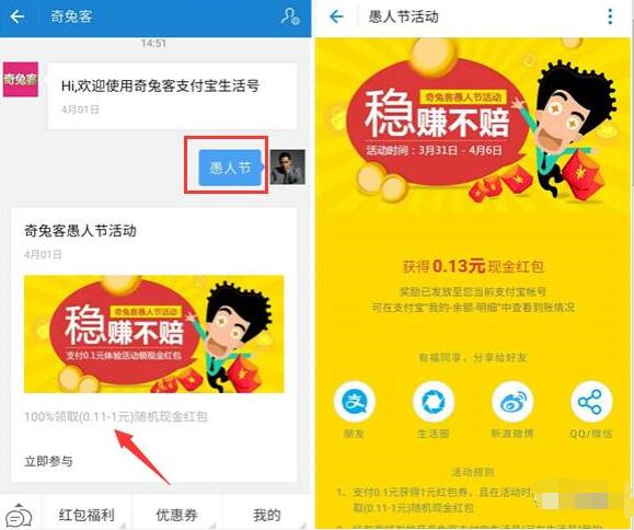 奇兔客服务窗支付0.1元送0.11 1元支付宝红包 支付宝红包 活动线报  第3张
