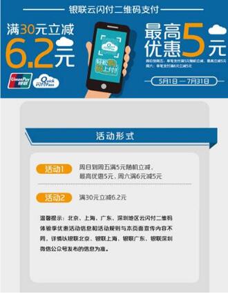 银联云闪付满6减5元，周日到周五满5元随机立减 优惠卡券 优惠福利  第1张