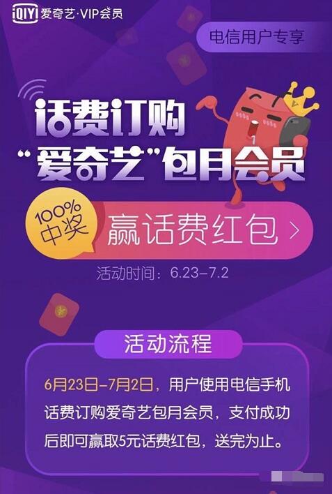 中国电信用户订购爱奇艺会员送5元话费 免费话费 优惠福利  第3张