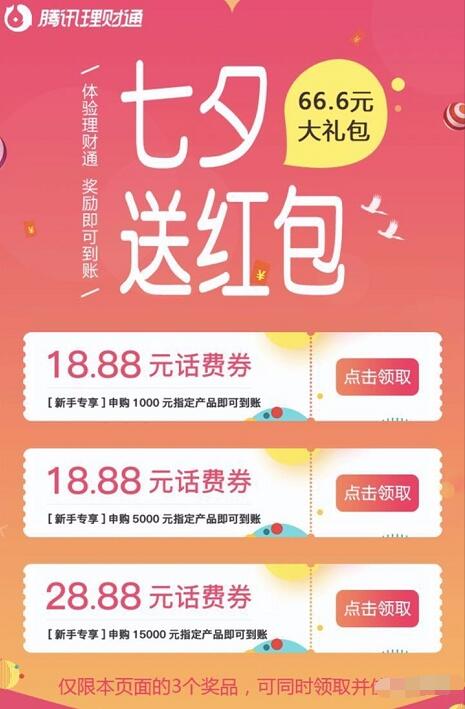腾讯理财通7夕福利送最高66.6元微信话费券 免费话费 投资羊毛 理财羊毛  第3张