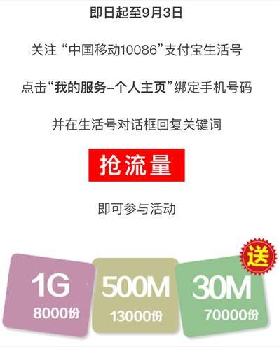 支付宝中国移动10086生活号抽奖送30m 1G流量 免费流量 活动线报  第3张