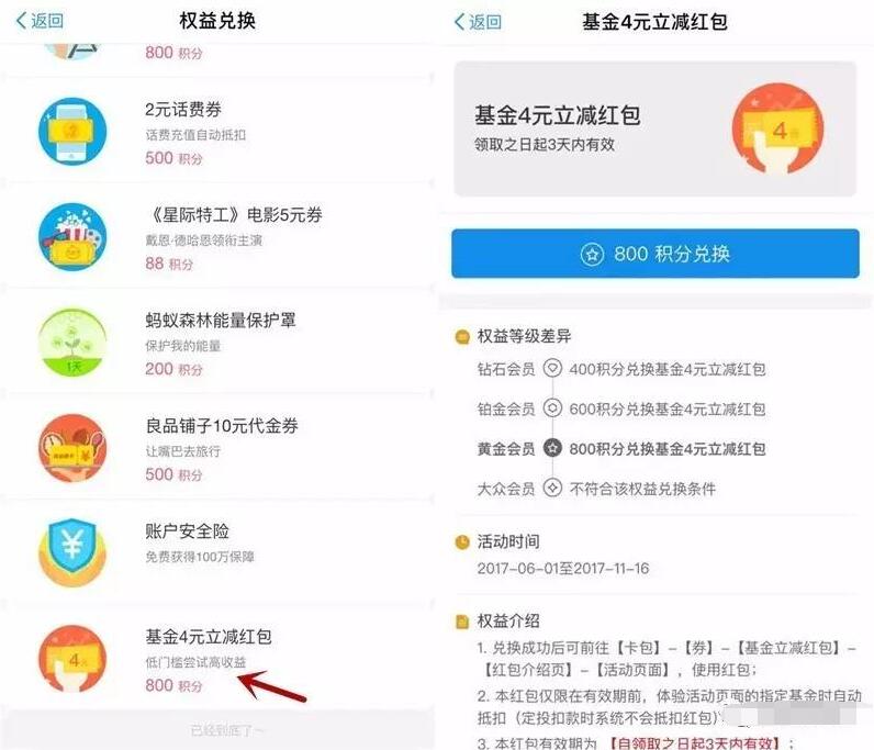 支付宝蚂蚁会员积分兑换4元基金红包满10元可用 0撸羊毛 支付宝红包 理财羊毛  第2张