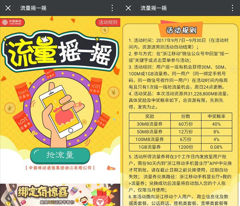 浙江移动流量摇一摇抽奖送30 1G移动流量 免费流量 活动线报  第3张