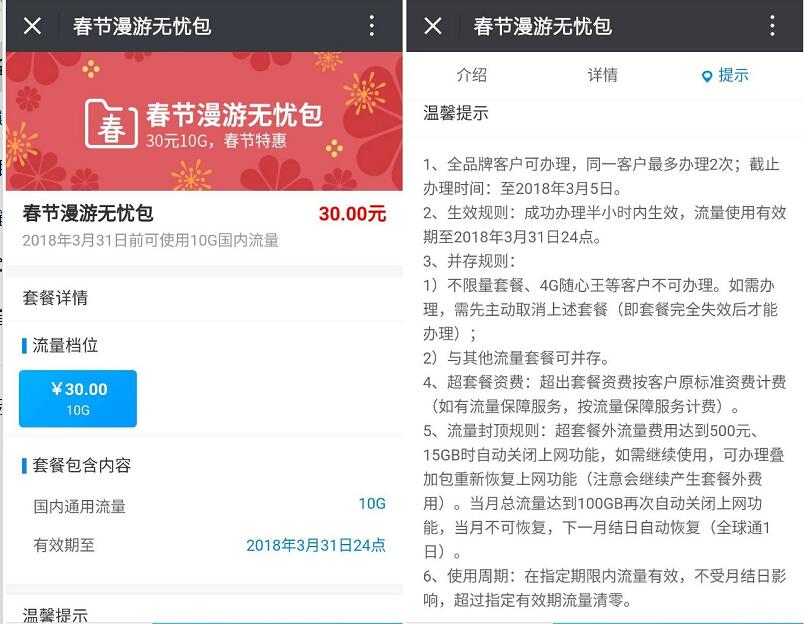 广东移动30元10G春节漫游无忧包全国流量包特惠 免费流量 优惠福利  第3张