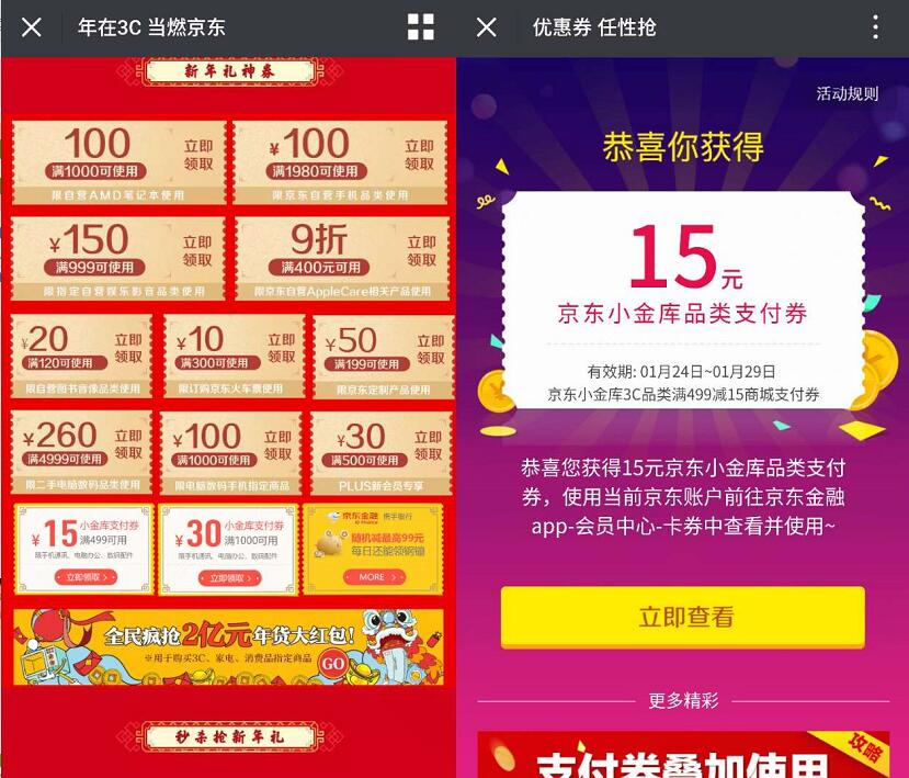 年在3C当燃京东新年礼神券送15 30元小金库支付券 京东 优惠福利  第3张