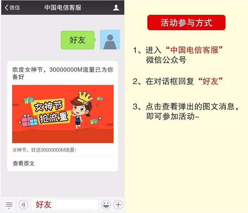 中国电信客服女神节邀请送礼金值送300m电信流量包 免费流量 活动线报  第3张