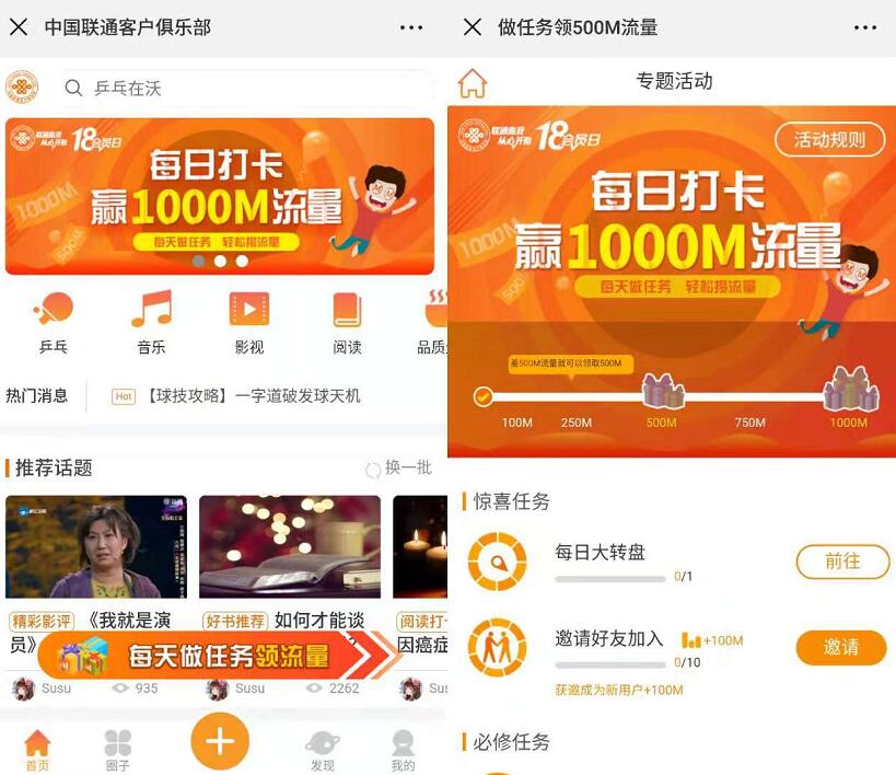 中国联通俱乐部每日打卡做任务赢1000m联通流量 免费流量 活动线报  第3张