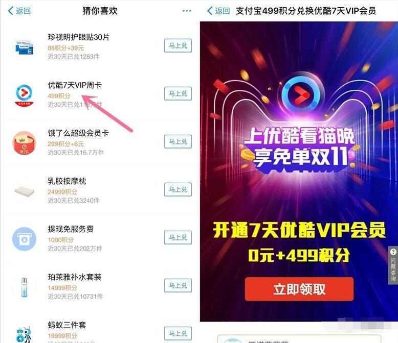 支付宝499蚂蚁积分兑换7天优酷黄金会员VIP 免费会员VIP 活动线报  第2张