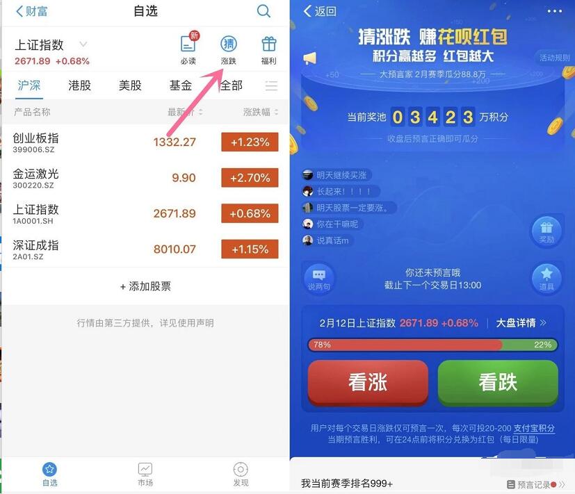 支付宝财富猜涨跌领蚂蚁积分/花呗红包 支付宝红包 活动线报  第2张