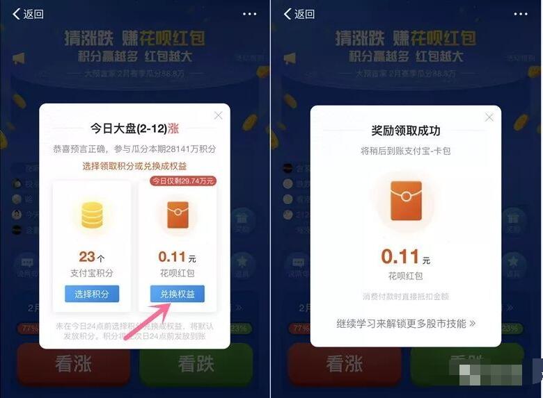 支付宝财富猜涨跌领蚂蚁积分/花呗红包 支付宝红包 活动线报  第3张