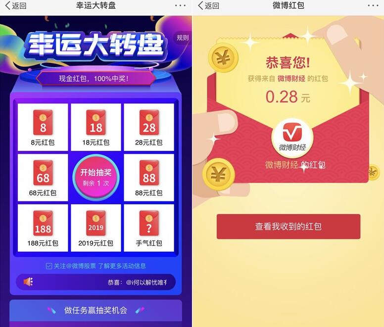 微博财经幸运大转盘抽奖送0.28元微博红包奖励 支付宝红包 活动线报  第3张