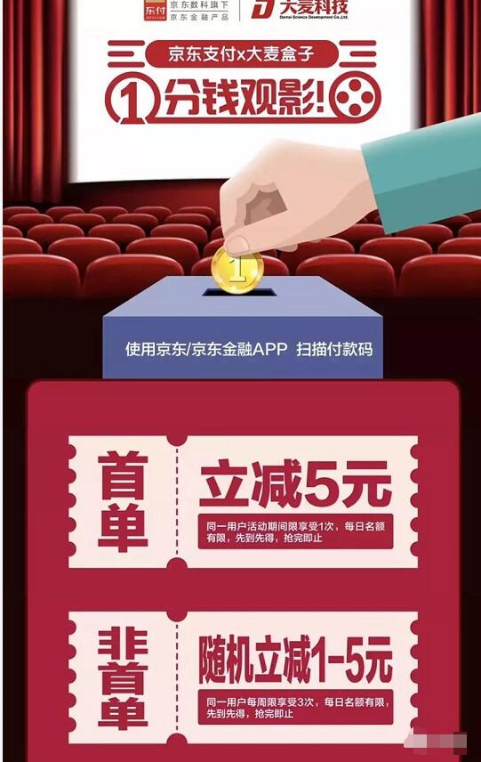 京东支付携手大麦科技1分钱观影首单立减5元 电影票优惠 优惠福利  第3张