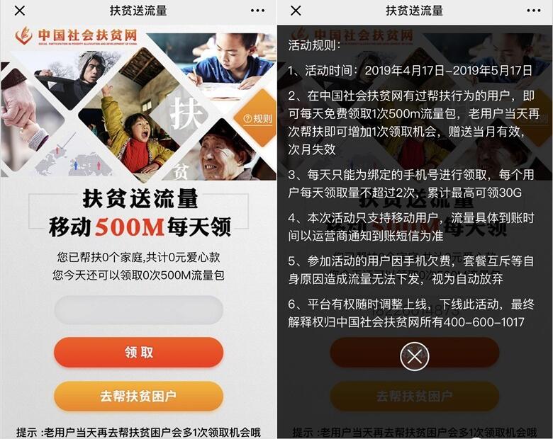 中国社会扶贫网捐款1元送500m移动流量最高30G 免费流量 活动线报  第3张