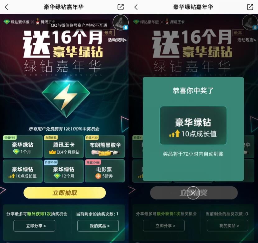 腾讯王卡X豪华绿钻嘉年华抽奖送豪华绿钻会员 免费会员VIP 活动线报  第3张