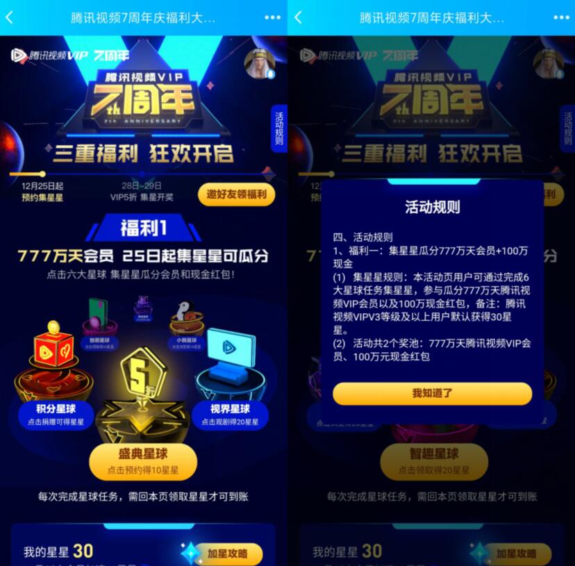 腾讯视频VIP 7周年狂欢瓜分777万天腾讯视频会员+100万现金 免费会员VIP 活动线报  第3张
