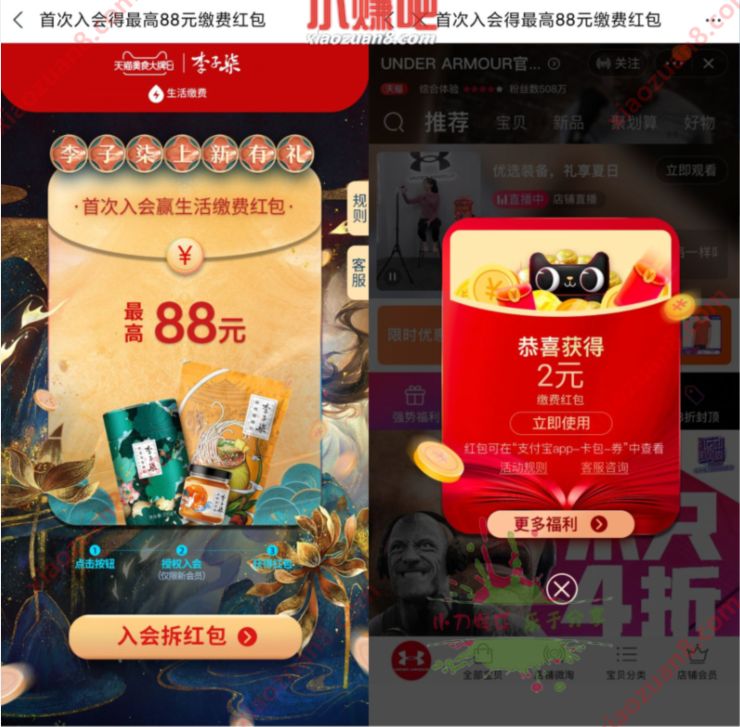 李子柒旗舰店首次入会，送最高88元缴费红包 缴费红包 优惠卡券 优惠福利  第3张