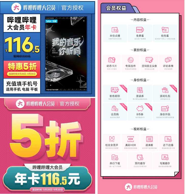 哗哩哗哩大会员5折活动，116元开通1年哔哩哔哩大会员 B站大会员年 免费会员VIP 电商活动  第3张