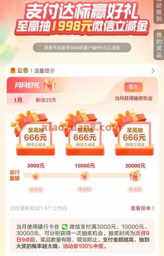 建行支付达标赢好礼，微信立减金1998元