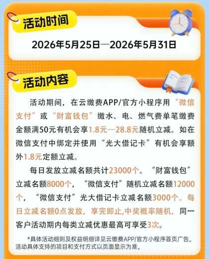 水电燃气费减28.8元,云缴费随机减攻略 水电燃气费优惠券 水电燃气费羊毛 光大云缴费羊毛 光大羊毛 活动线报 第3张 水电燃气费减28.8元,云缴费随机减攻略 水电燃气费优惠券 水电燃气费羊毛 光大云缴费羊毛 光大羊毛 活动线报 第3张